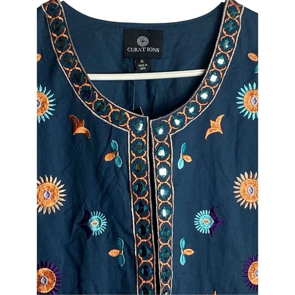 Curations Embroidered Boho Mirror Jacket Size XL Navy Blue Festival Folk Style N - Picture 2 of 7